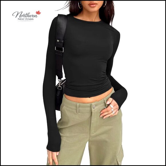 Tops - Crop Top Long Sleeve Tee Stretch Fitted Y2K Basic